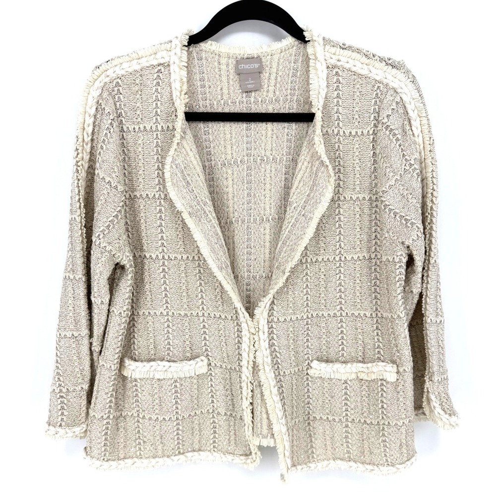 Chico's Cardigan Sweater 2 L Beige Sequin Textured Fringe Coastal Grandmother
